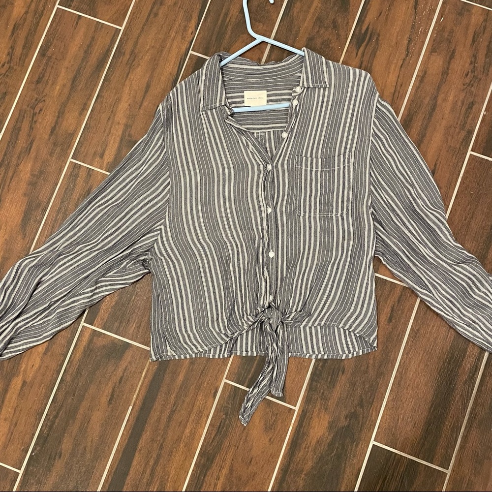 Striped tie front button up long sleeved blouse